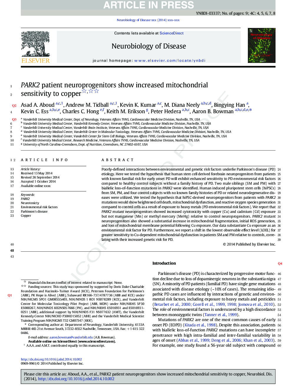 PARK2 patient neuroprogenitors show increased mitochondrial sensitivity to copper