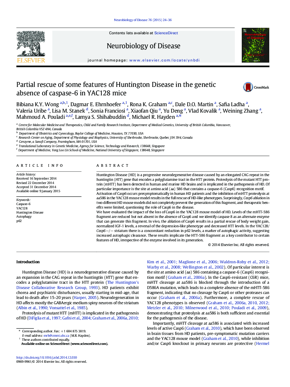 Partial rescue of some features of Huntington Disease in the genetic absence of caspase-6 in YAC128 mice