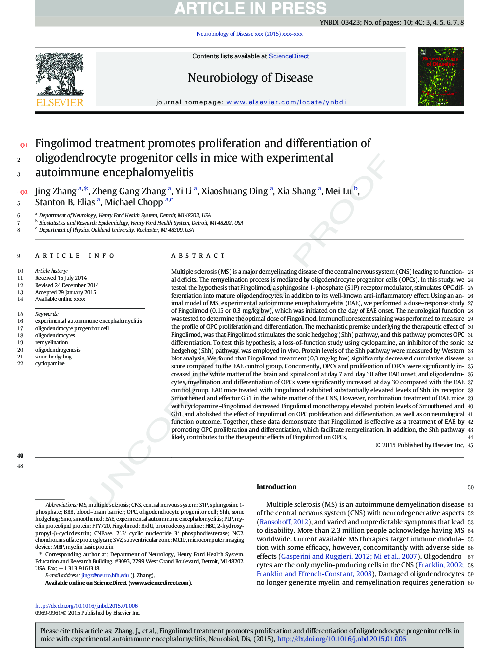 Fingolimod treatment promotes proliferation and differentiation of oligodendrocyte progenitor cells in mice with experimental autoimmune encephalomyelitis