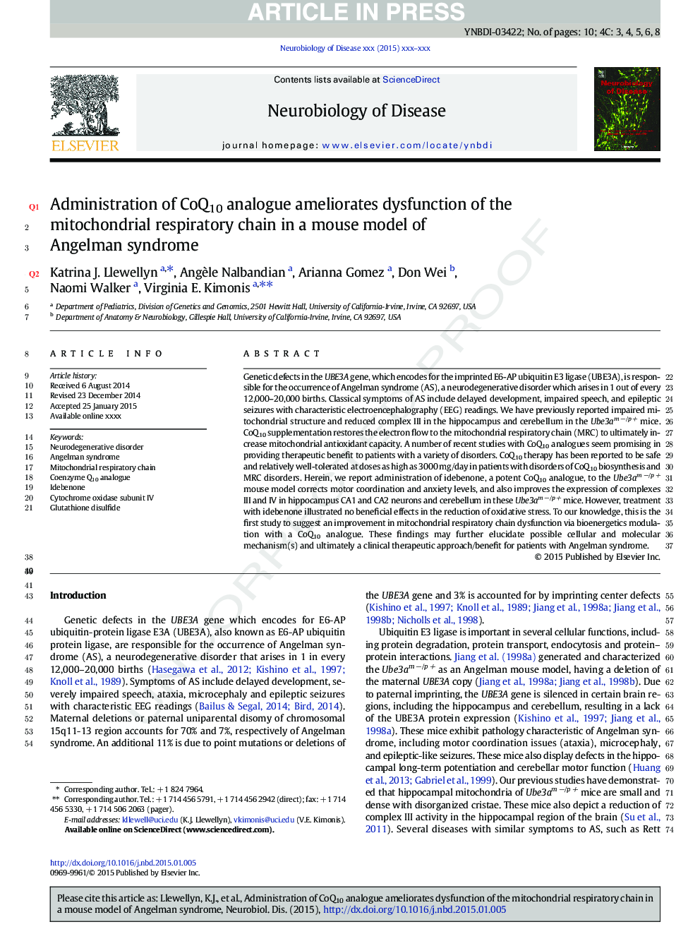 Administration of CoQ10 analogue ameliorates dysfunction of the mitochondrial respiratory chain in a mouse model of Angelman syndrome