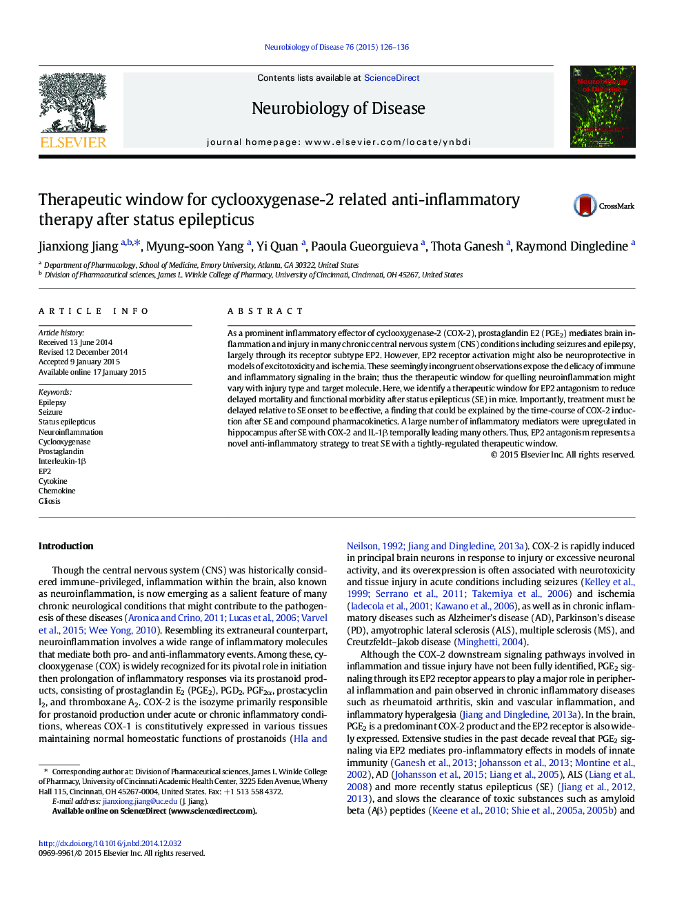 Therapeutic window for cyclooxygenase-2 related anti-inflammatory therapy after status epilepticus