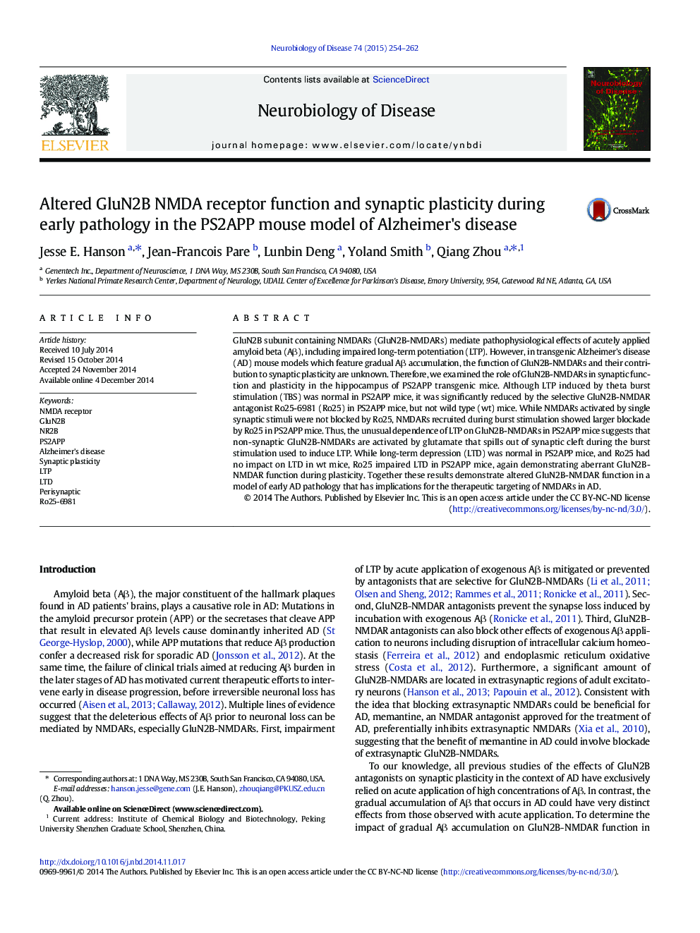 Altered GluN2B NMDA receptor function and synaptic plasticity during early pathology in the PS2APP mouse model of Alzheimer's disease