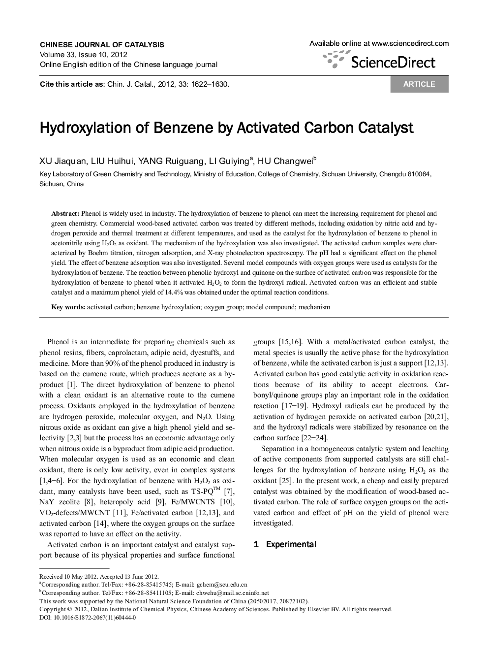 Hydroxylation of Benzene by Activated Carbon Catalyst 