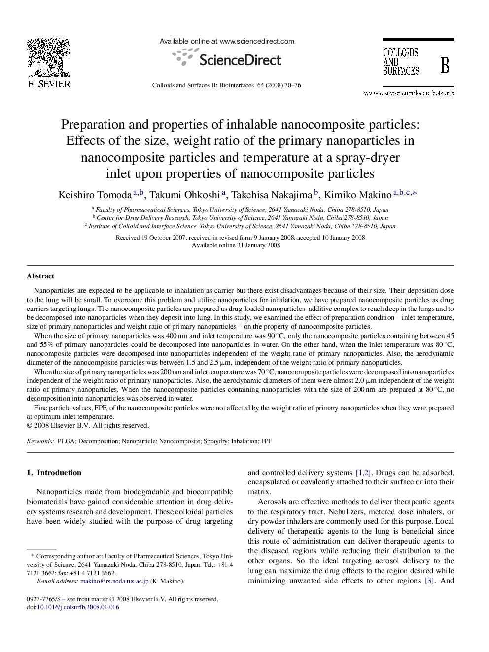 Preparation and properties of inhalable nanocomposite particles: Effects of the size, weight ratio of the primary nanoparticles in nanocomposite particles and temperature at a spray-dryer inlet upon properties of nanocomposite particles