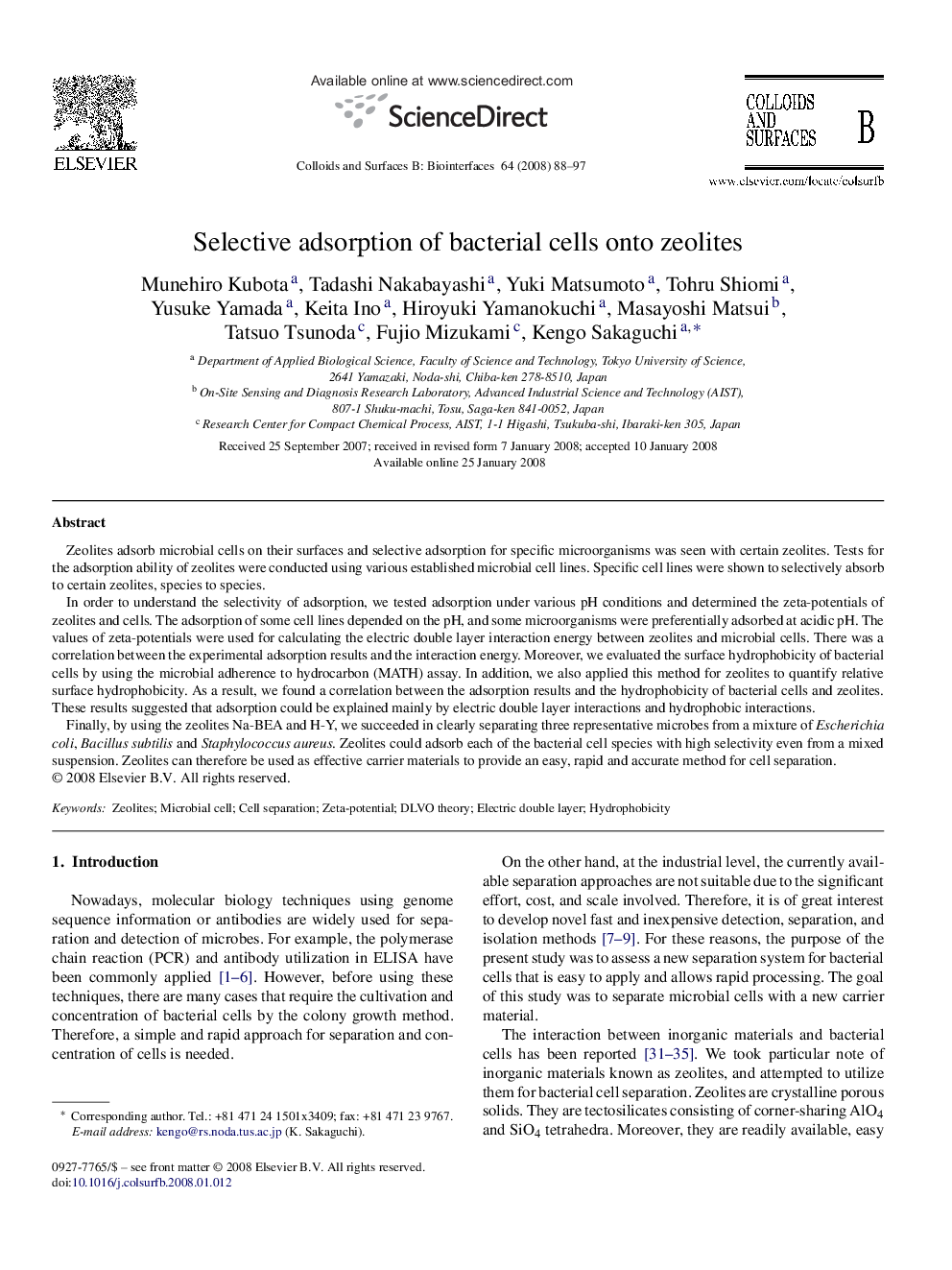 Selective adsorption of bacterial cells onto zeolites