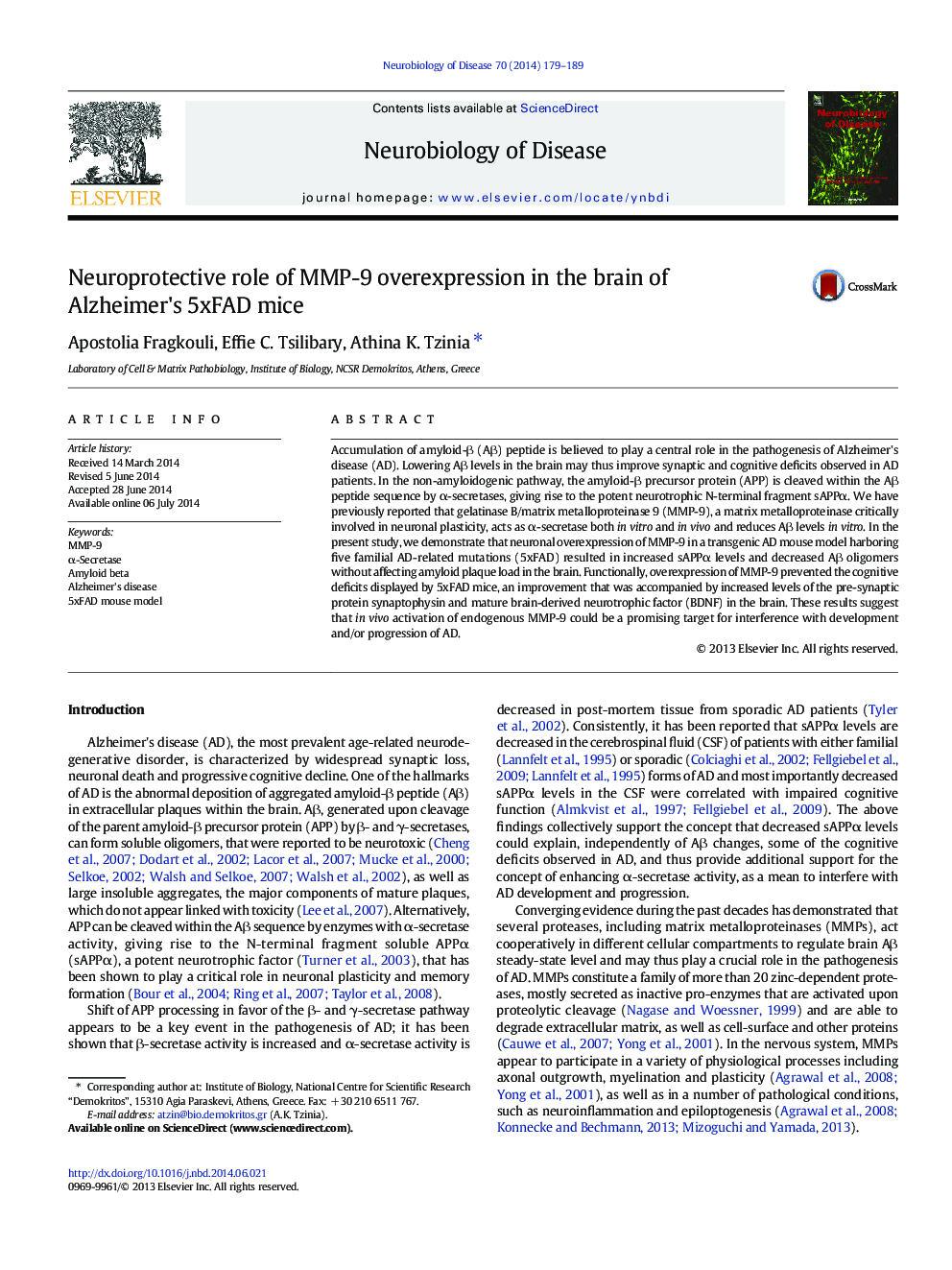 Neuroprotective role of MMP-9 overexpression in the brain of Alzheimer's 5xFAD mice