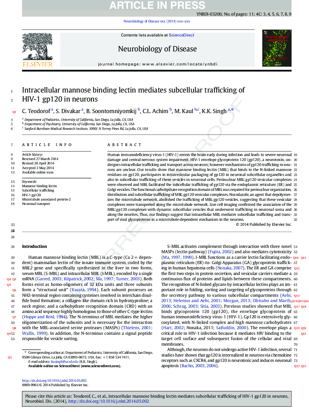 Intracellular mannose binding lectin mediates subcellular trafficking of HIV-1 gp120 in neurons