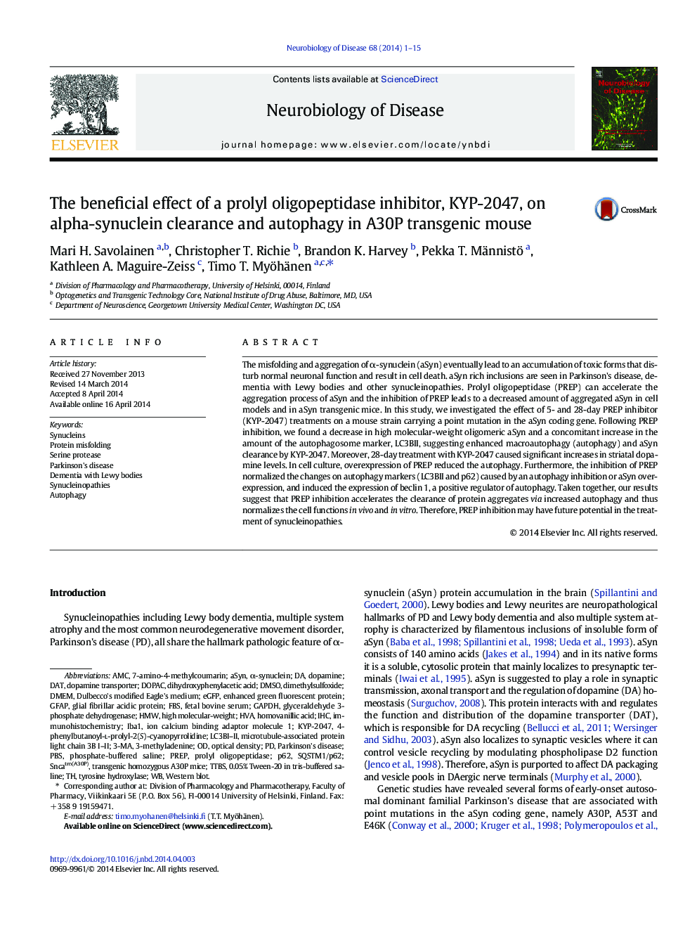عکس صفحه اول مقاله: The beneficial effect of a prolyl oligopeptidase inhibitor, KYP-2047, on alpha-synuclein clearance and autophagy in A30P transgenic mouse The beneficial effect of a prolyl oligopeptidase inhibitor, KYP-2047, on alpha-synuclein clearance and autophagy in A30P transgenic mouse