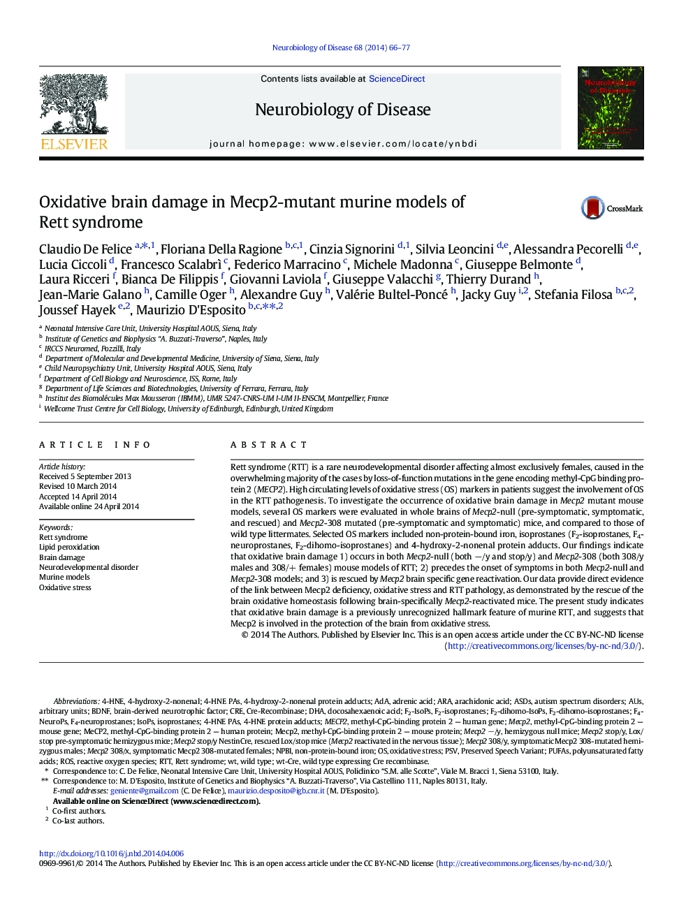 Oxidative brain damage in Mecp2-mutant murine models of Rett syndrome