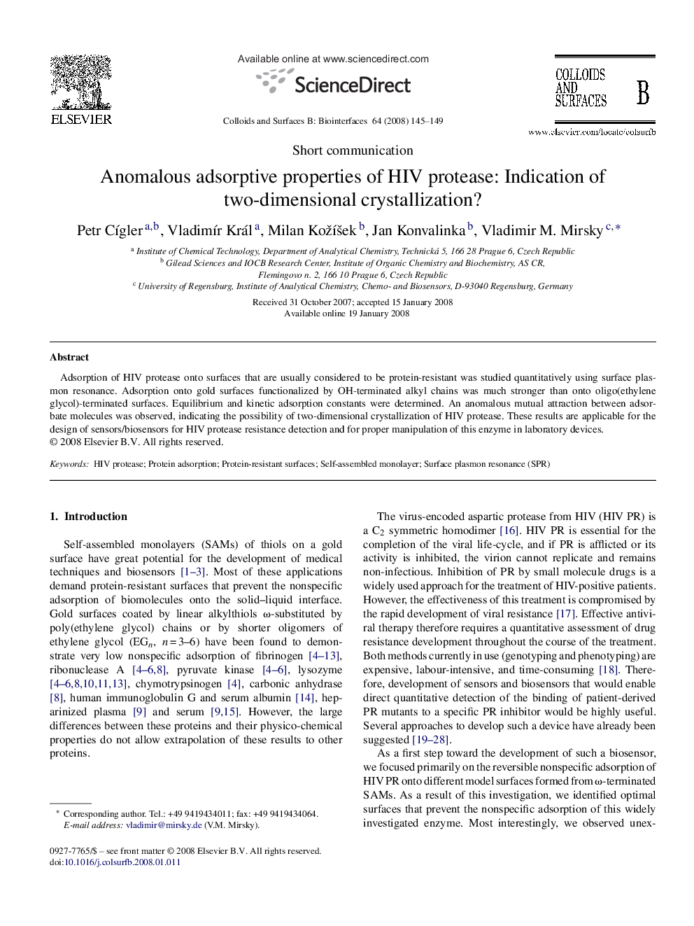 عکس صفحه اول مقاله: Anomalous adsorptive properties of HIV protease: Indication of two-dimensional crystallization? Anomalous adsorptive properties of HIV protease: Indication of two-dimensional crystallization?
