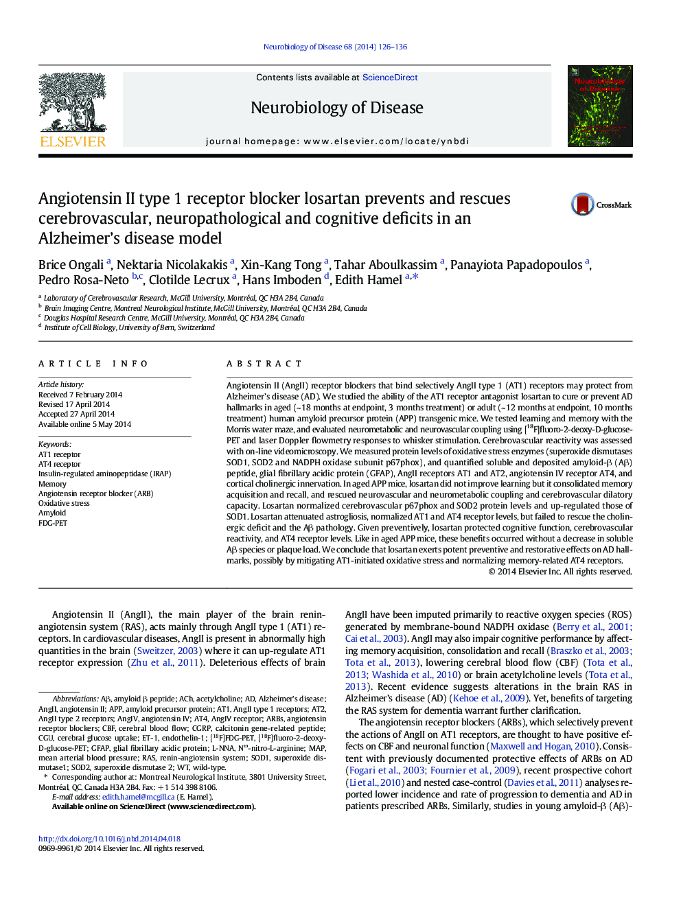 عکس صفحه اول مقاله: Angiotensin II type 1 receptor blocker losartan prevents and rescues cerebrovascular, neuropathological and cognitive deficits in an Alzheimer’s disease model Angiotensin II type 1 receptor blocker losartan prevents and rescues cerebrovascular, neuropathological and cognitive deficits in an Alzheimer’s disease model