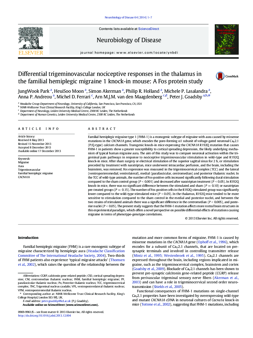 Differential trigeminovascular nociceptive responses in the thalamus in the familial hemiplegic migraine 1 knock-in mouse: A Fos protein study