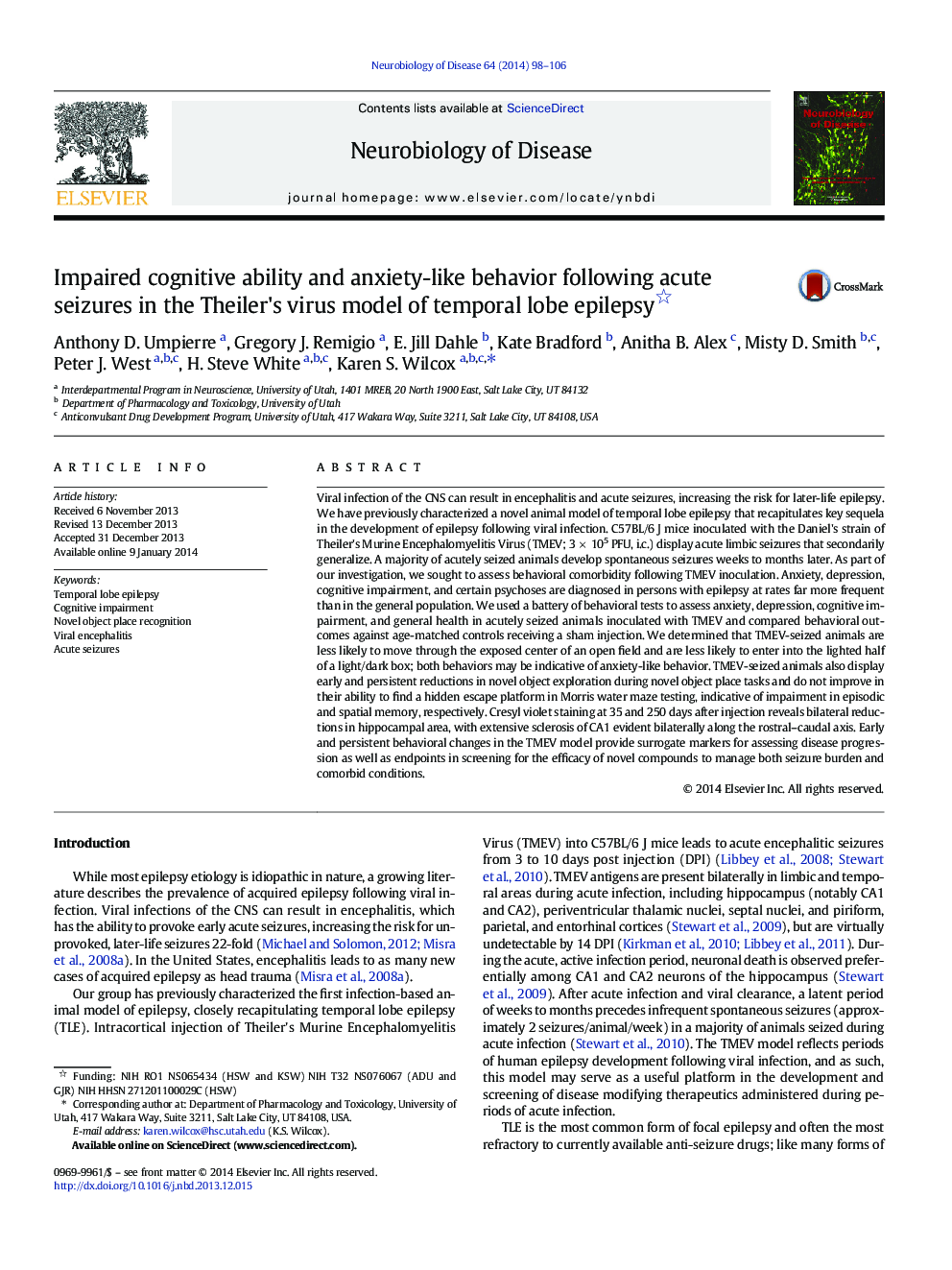 Impaired cognitive ability and anxiety-like behavior following acute seizures in the Theiler's virus model of temporal lobe epilepsy