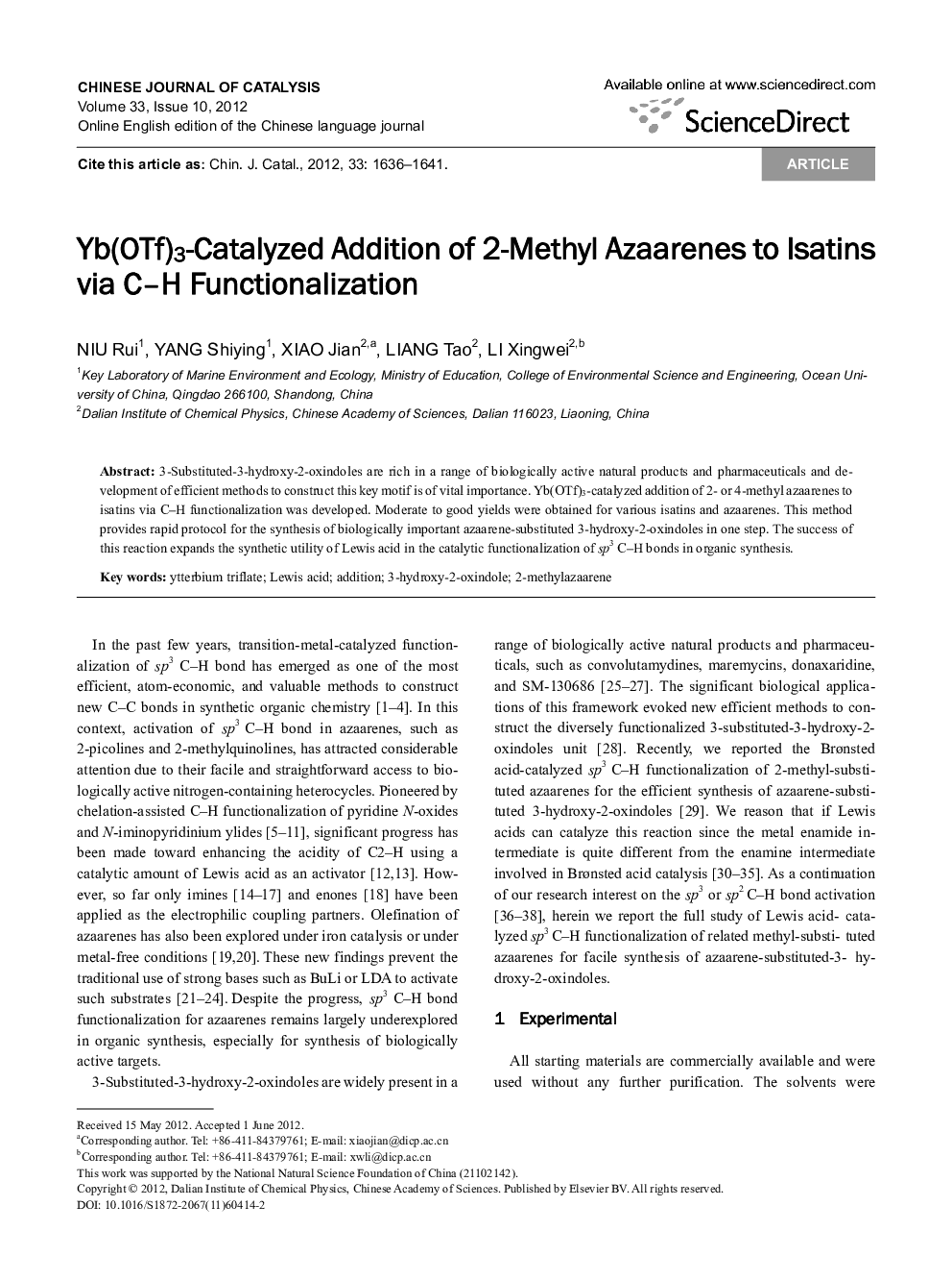 Yb(OTf)3-Catalyzed Addition of 2-Methyl Azaarenes to Isatins via C-H Functionalization 