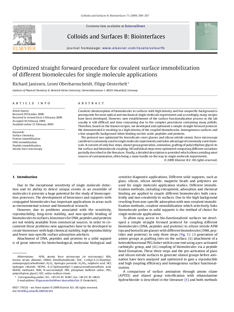 عکس صفحه اول مقاله: Optimized straight forward procedure for covalent surface immobilization of different biomolecules for single molecule applications Optimized straight forward procedure for covalent surface immobilization of different biomolecules for single molecule applications