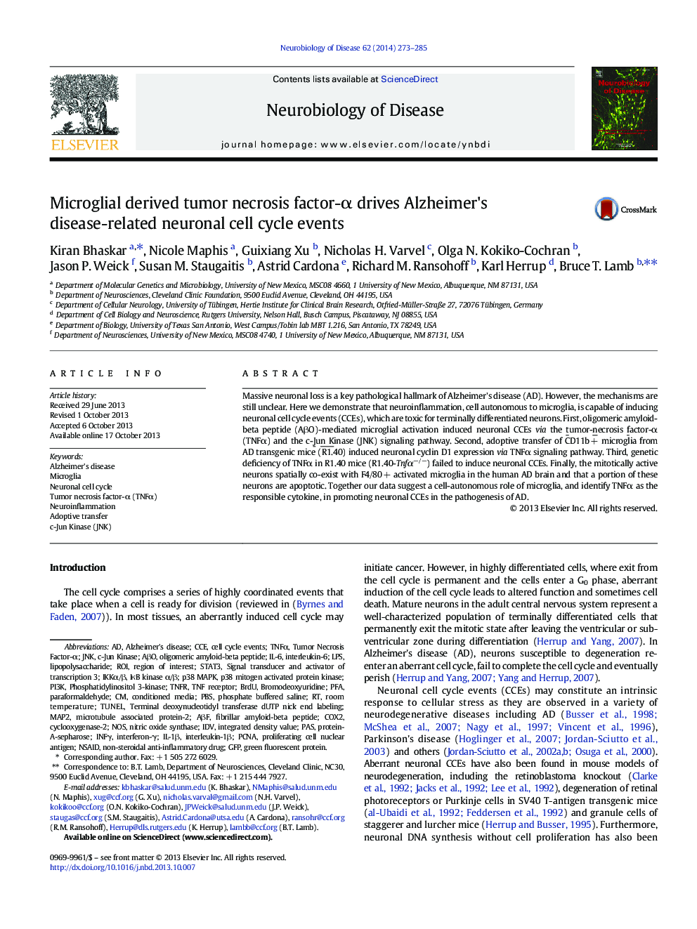 Microglial derived tumor necrosis factor-Î± drives Alzheimer's disease-related neuronal cell cycle events