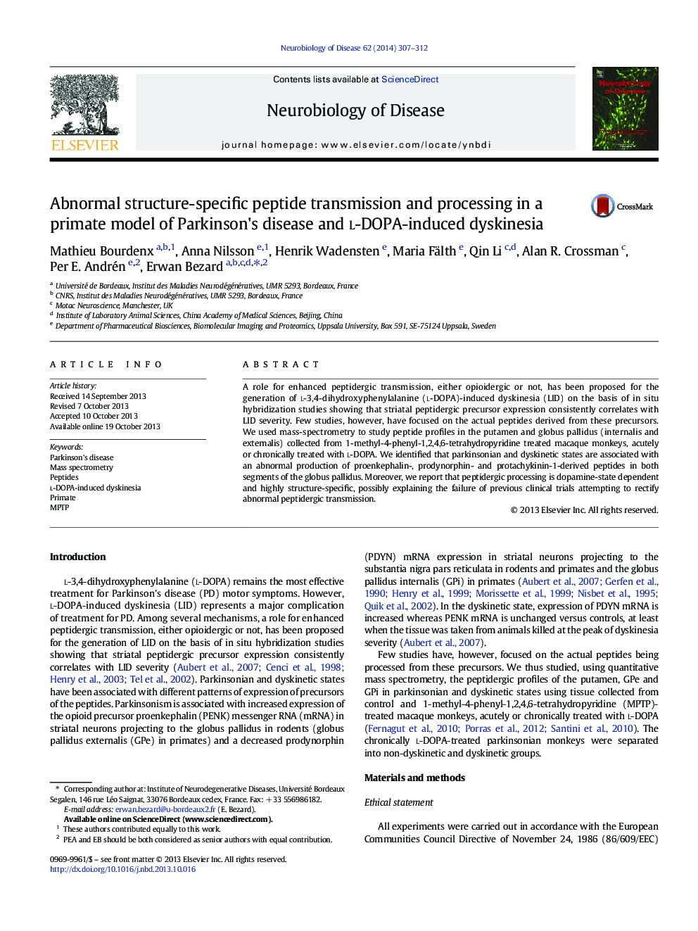 Abnormal structure-specific peptide transmission and processing in a primate model of Parkinson's disease and l-DOPA-induced dyskinesia