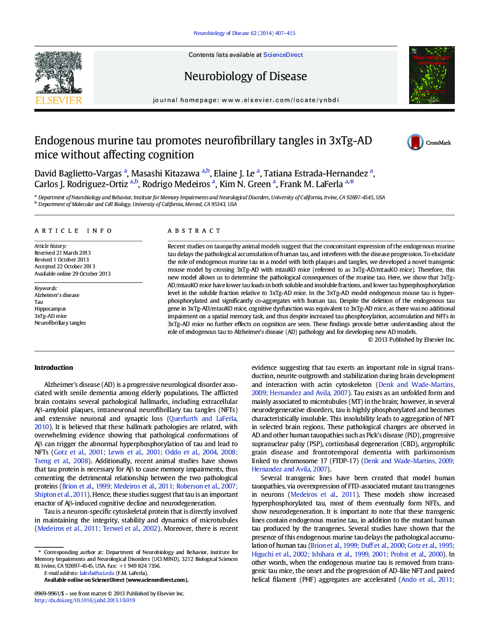 Endogenous murine tau promotes neurofibrillary tangles in 3xTg-AD mice without affecting cognition