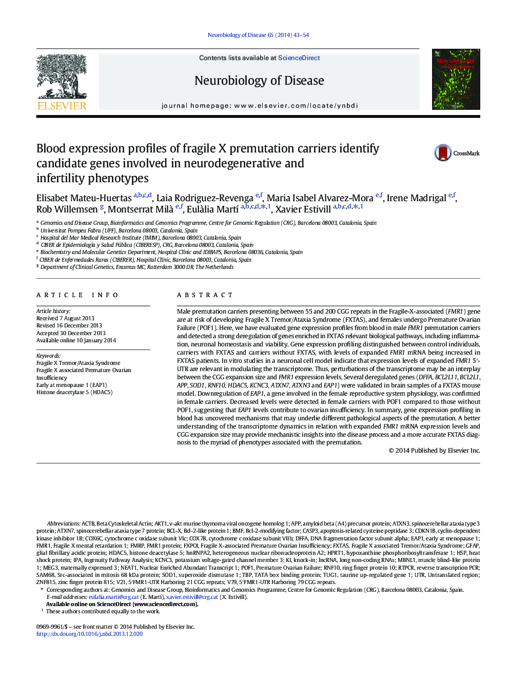 Blood expression profiles of fragile X premutation carriers identify candidate genes involved in neurodegenerative and infertility phenotypes