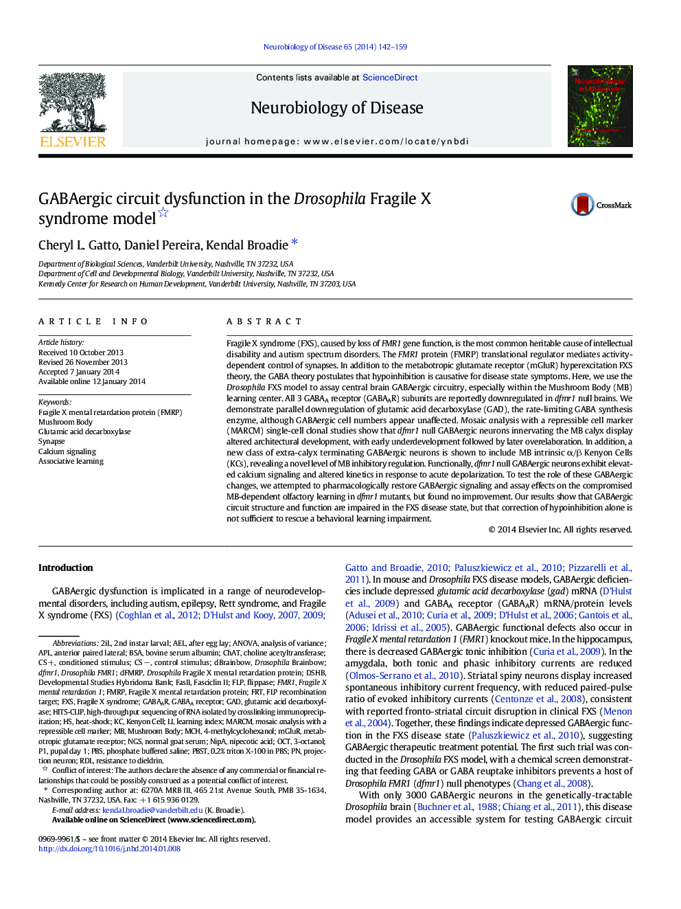 GABAergic circuit dysfunction in the Drosophila Fragile X syndrome model