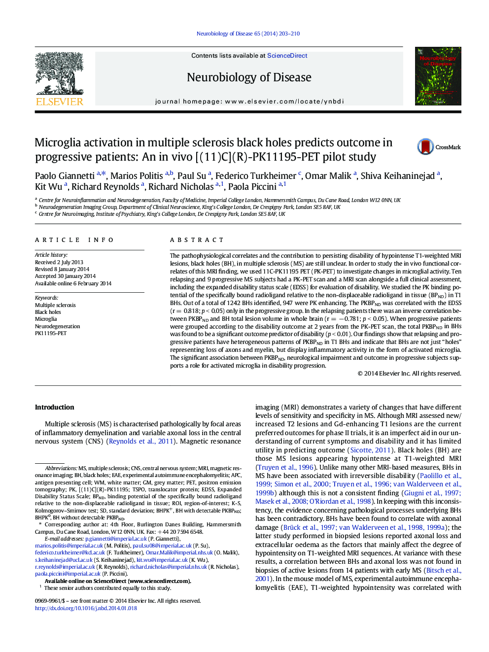 Microglia activation in multiple sclerosis black holes predicts outcome in progressive patients: An in vivo [(11)C](R)-PK11195-PET pilot study