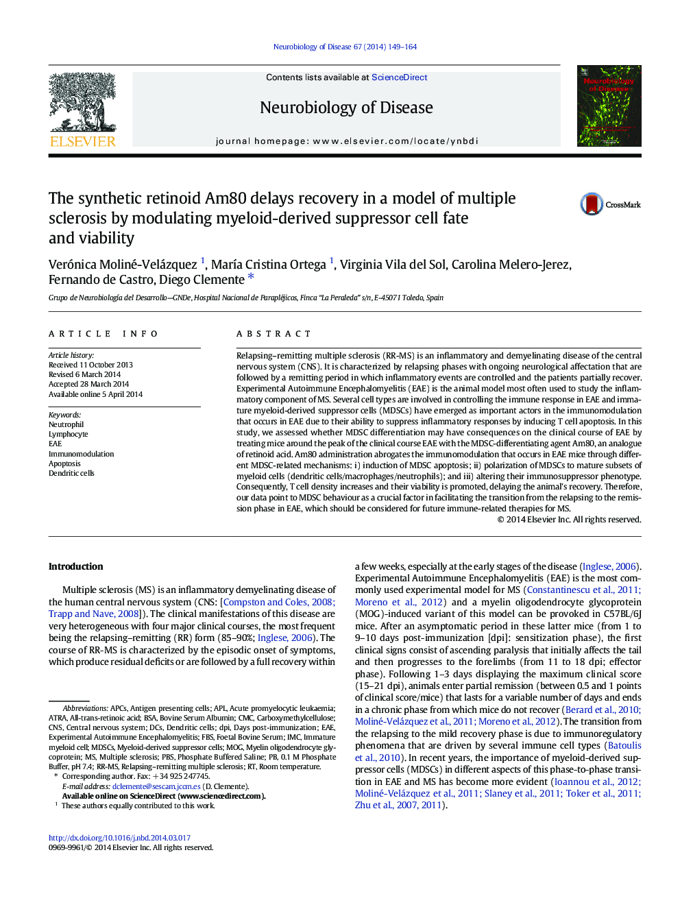 The synthetic retinoid Am80 delays recovery in a model of multiple sclerosis by modulating myeloid-derived suppressor cell fate and viability