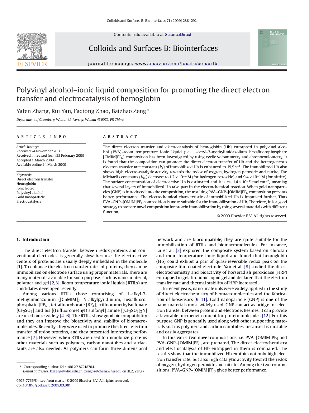 Polyvinyl alcohol–ionic liquid composition for promoting the direct electron transfer and electrocatalysis of hemoglobin