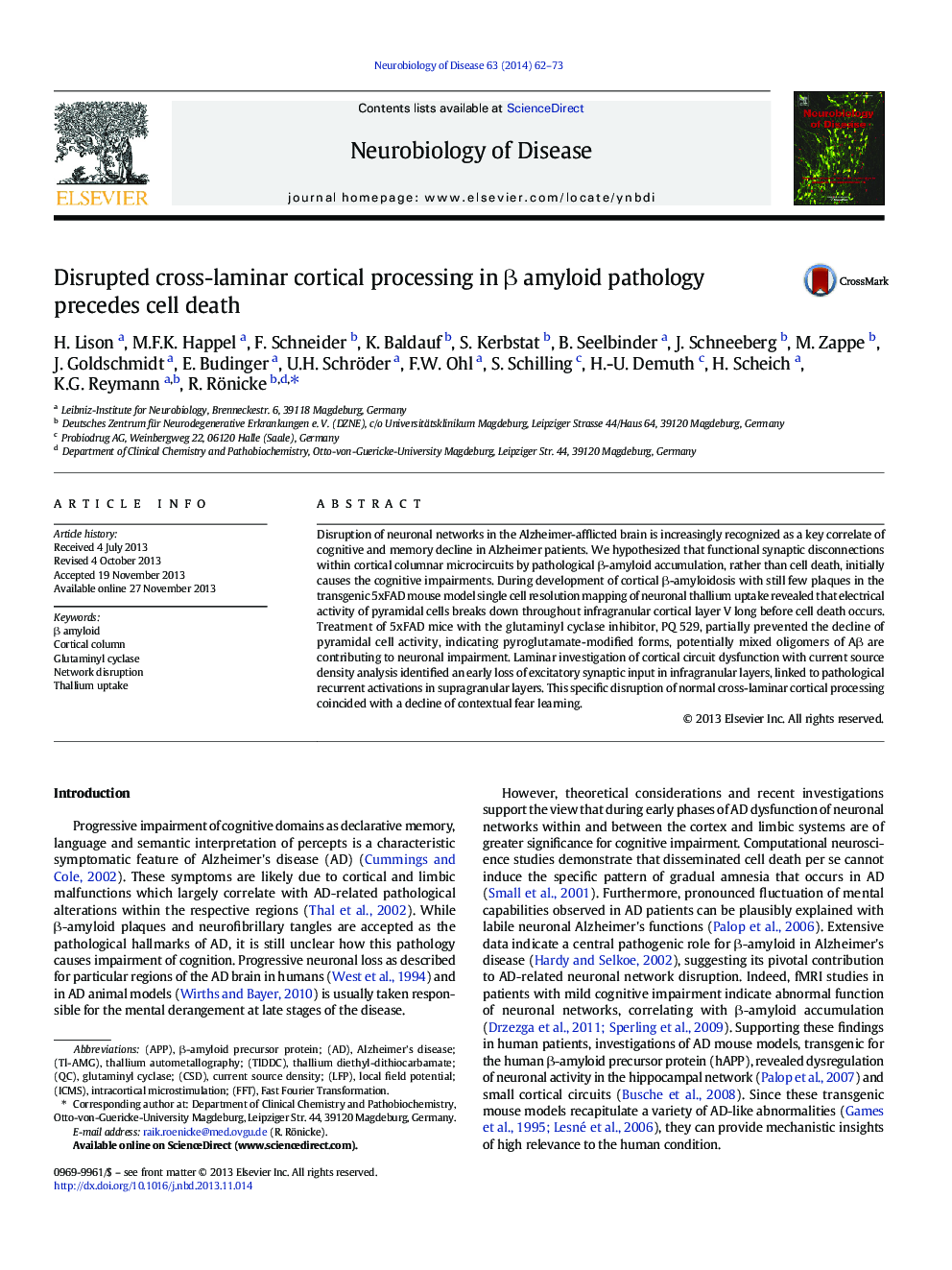 Disrupted cross-laminar cortical processing in Î² amyloid pathology precedes cell death