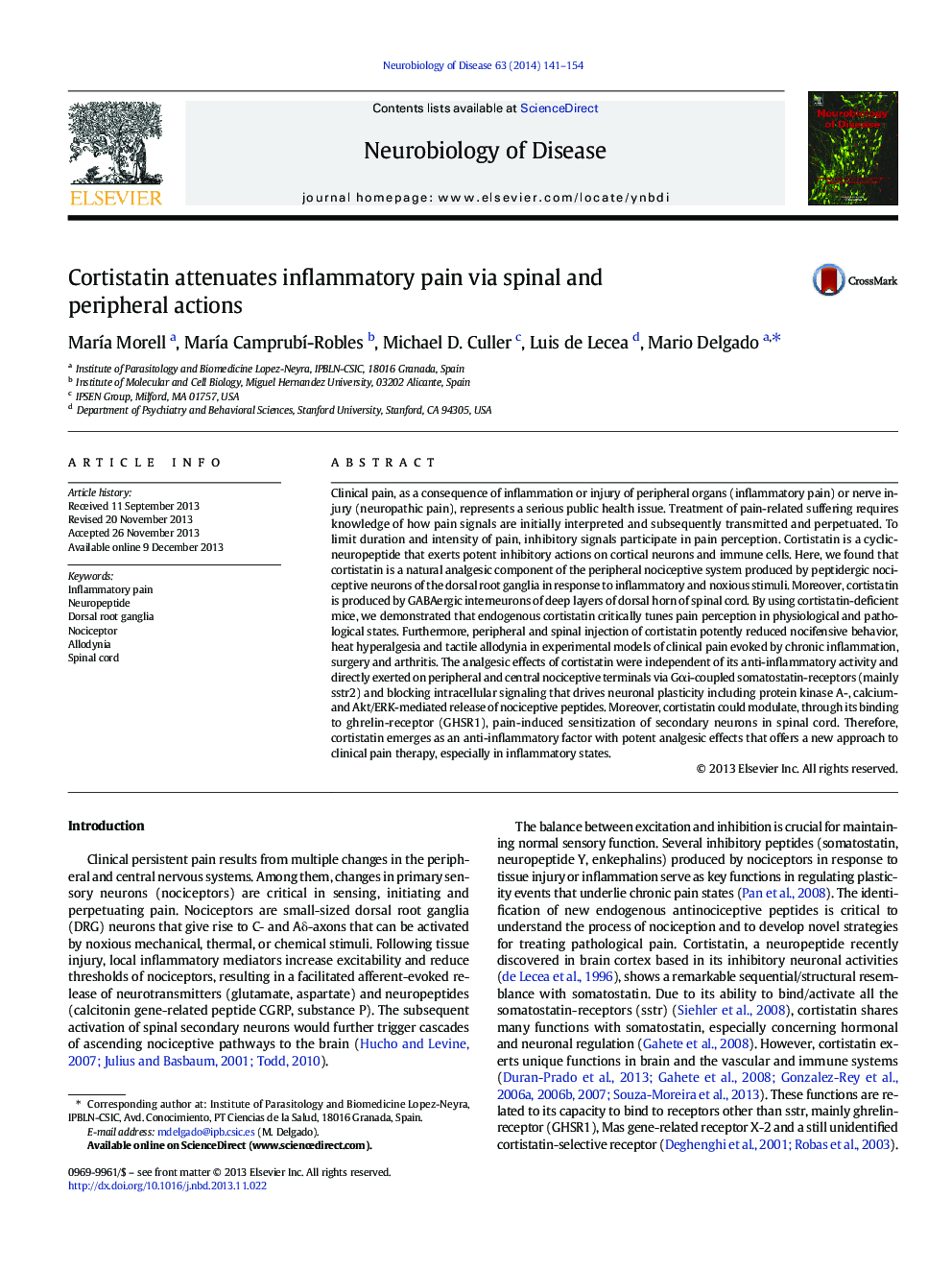 Cortistatin attenuates inflammatory pain via spinal and peripheral actions