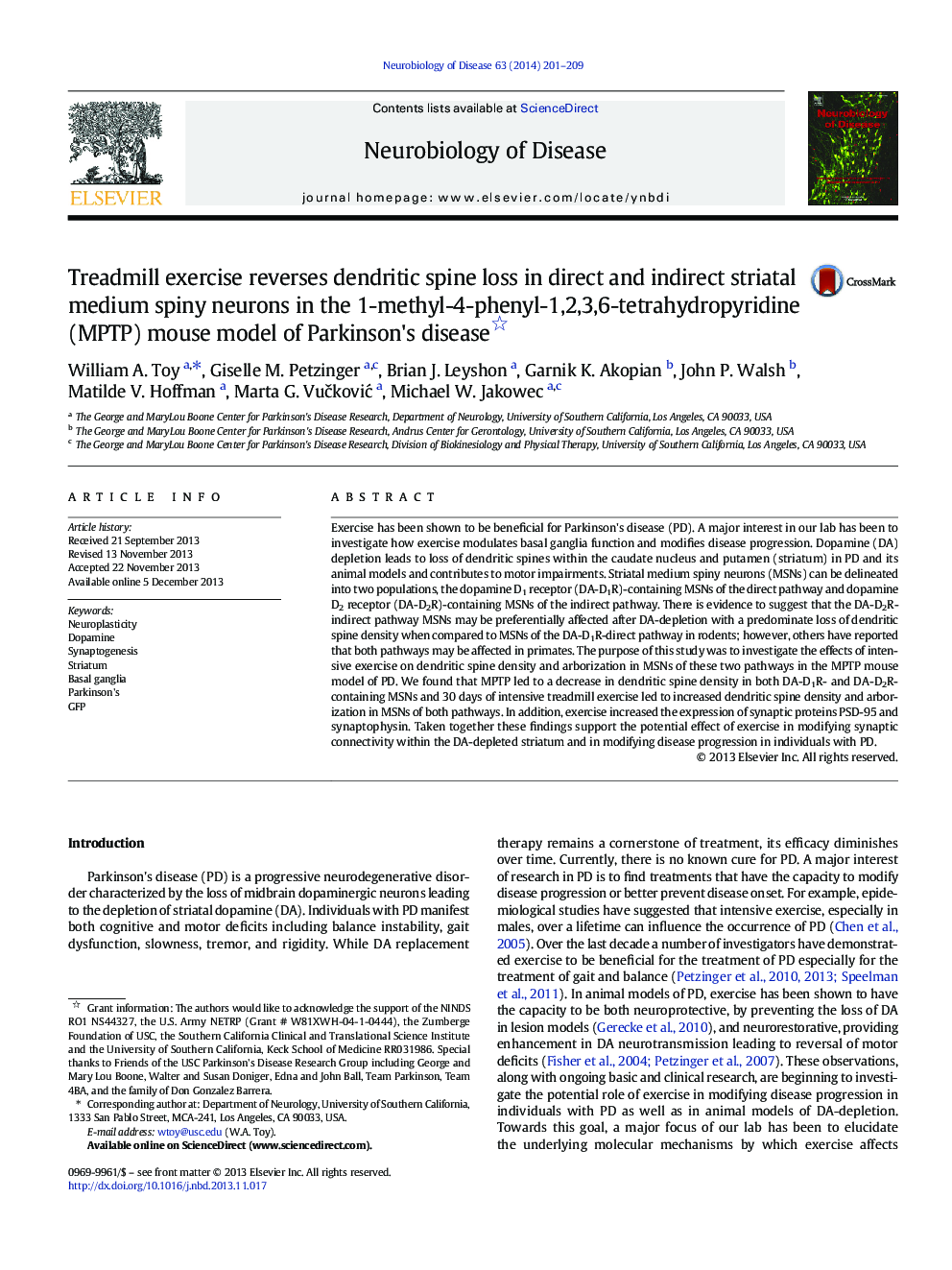 Treadmill exercise reverses dendritic spine loss in direct and indirect striatal medium spiny neurons in the 1-methyl-4-phenyl-1,2,3,6-tetrahydropyridine (MPTP) mouse model of Parkinson's disease