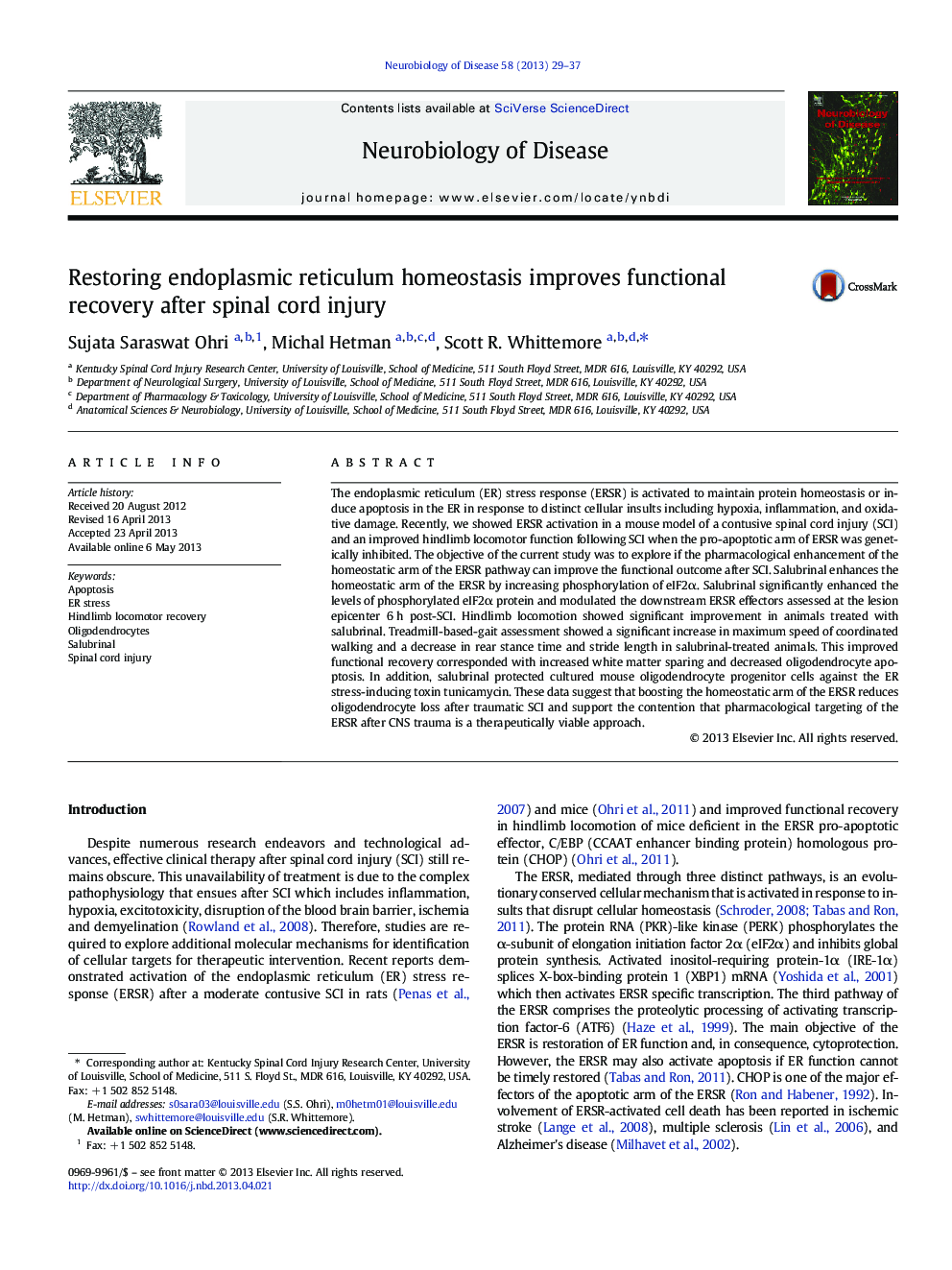 Restoring endoplasmic reticulum homeostasis improves functional recovery after spinal cord injury