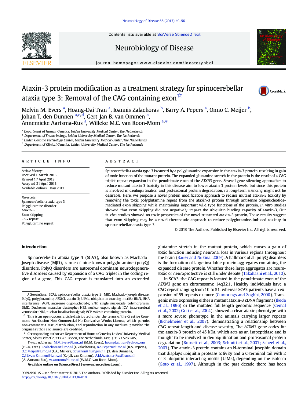 Ataxin-3 protein modification as a treatment strategy for spinocerebellar ataxia type 3: Removal of the CAG containing exon