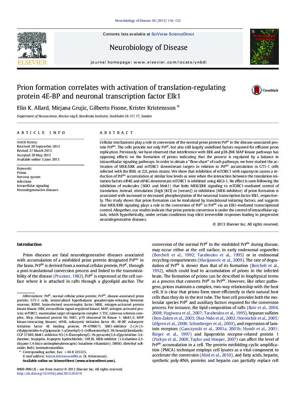 Prion formation correlates with activation of translation-regulating protein 4E-BP and neuronal transcription factor Elk1