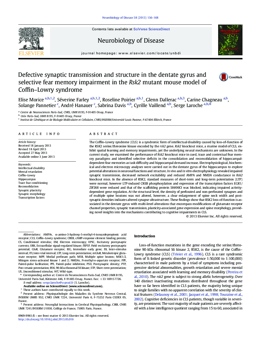 Defective synaptic transmission and structure in the dentate gyrus and selective fear memory impairment in the Rsk2 mutant mouse model of Coffin-Lowry syndrome