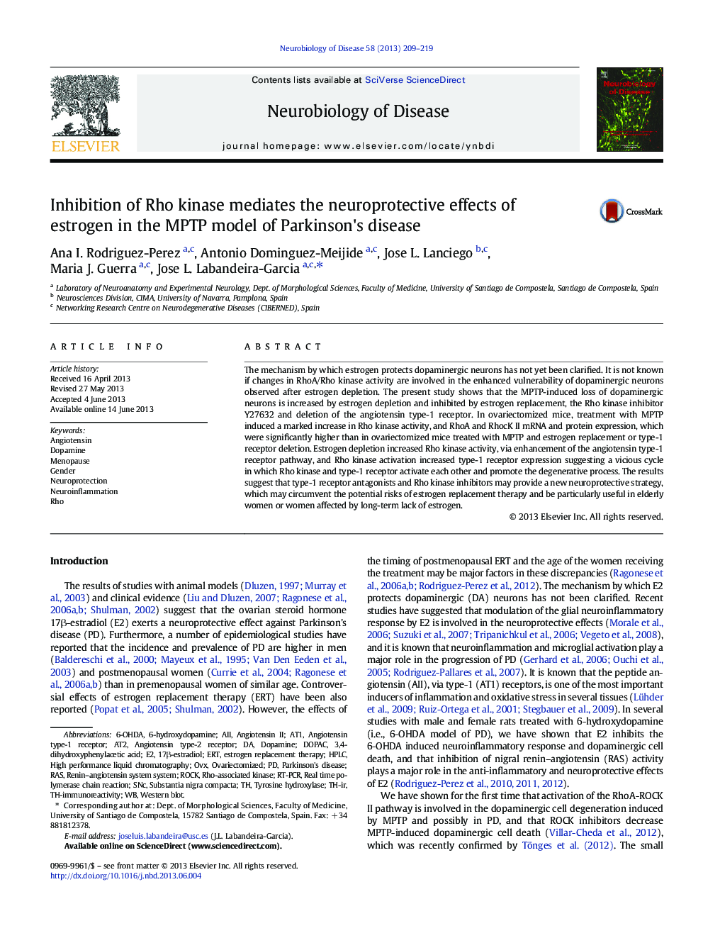 Inhibition of Rho kinase mediates the neuroprotective effects of estrogen in the MPTP model of Parkinson's disease