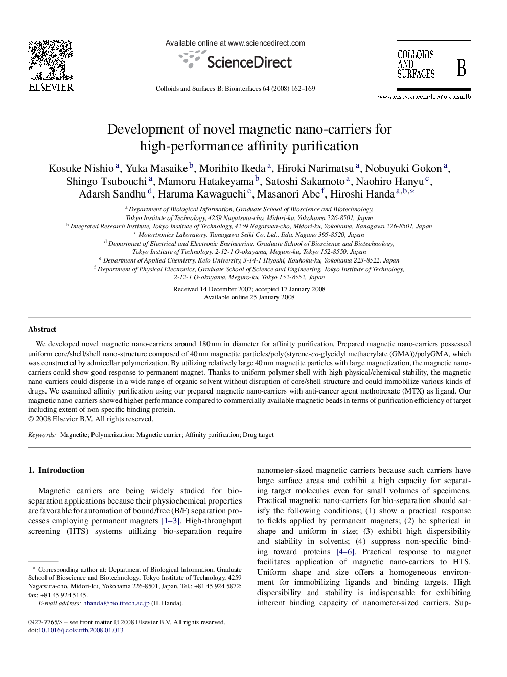 Development of novel magnetic nano-carriers for high-performance affinity purification