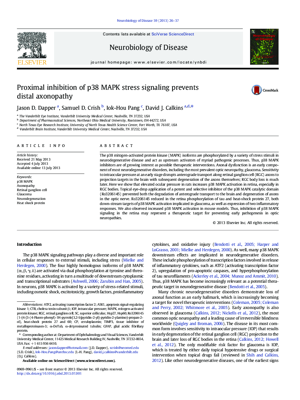 Proximal inhibition of p38 MAPK stress signaling prevents distal axonopathy