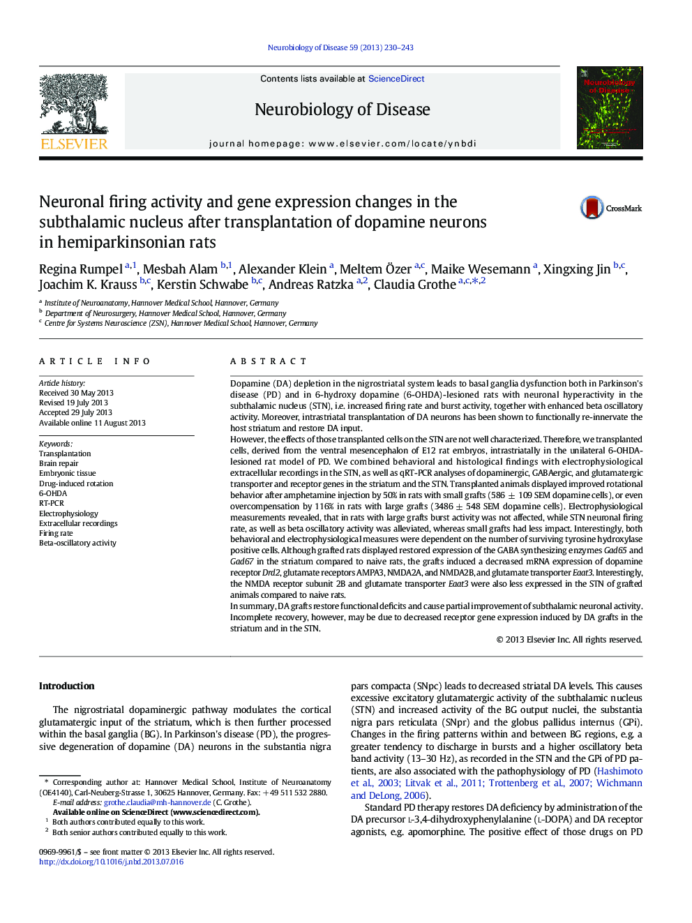 Neuronal firing activity and gene expression changes in the subthalamic nucleus after transplantation of dopamine neurons in hemiparkinsonian rats