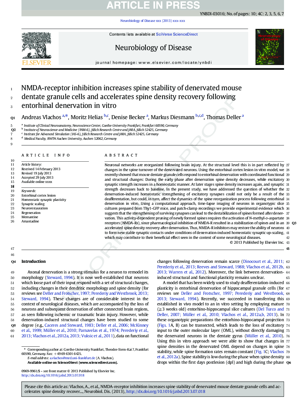 NMDA-receptor inhibition increases spine stability of denervated mouse dentate granule cells and accelerates spine density recovery following entorhinal denervation in vitro