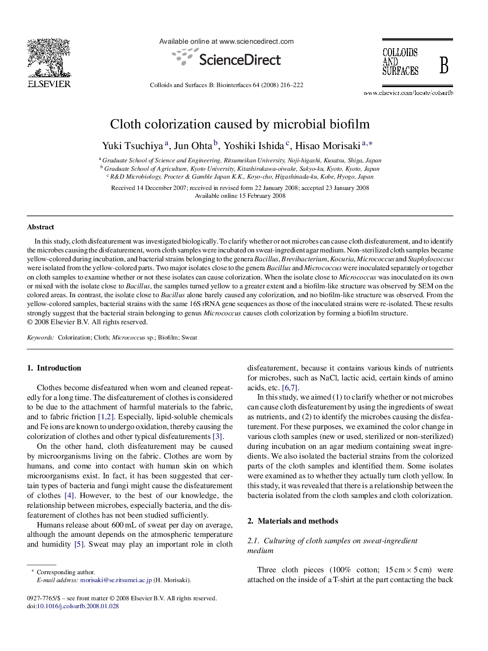 Cloth colorization caused by microbial biofilm