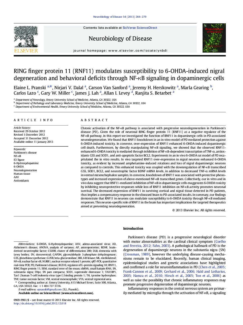 RING finger protein 11 (RNF11) modulates susceptibility to 6-OHDA-induced nigral degeneration and behavioral deficits through NF-ÎºB signaling in dopaminergic cells