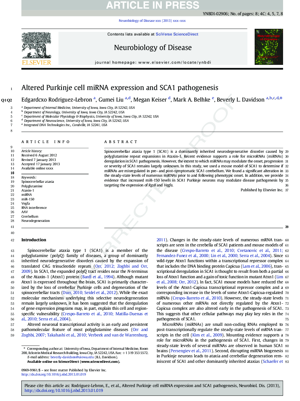 Altered Purkinje cell miRNA expression and SCA1 pathogenesis