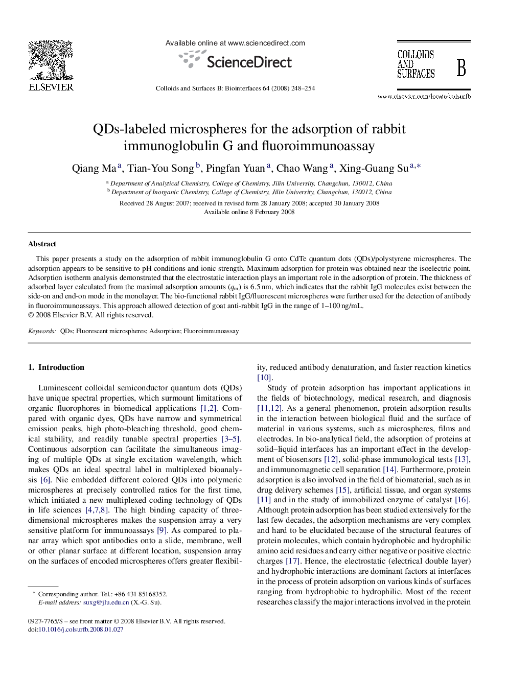 QDs-labeled microspheres for the adsorption of rabbit immunoglobulin G and fluoroimmunoassay