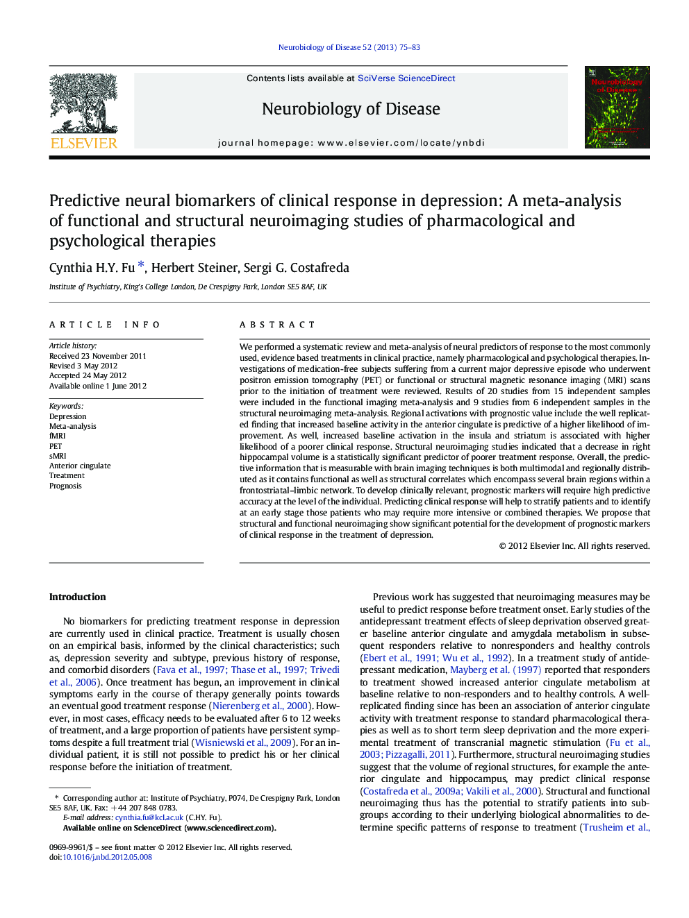 Predictive neural biomarkers of clinical response in depression: A meta-analysis of functional and structural neuroimaging studies of pharmacological and psychological therapies