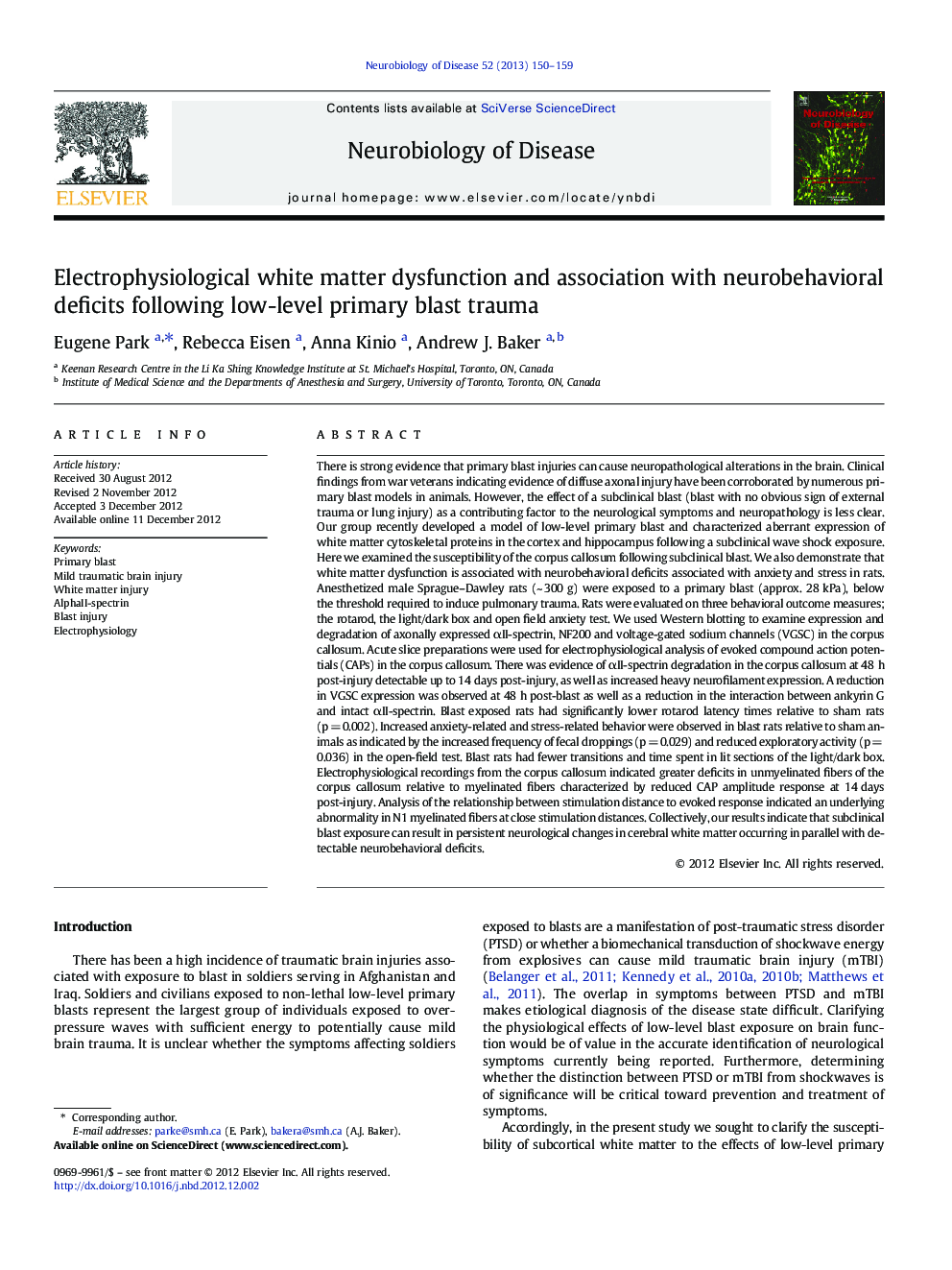 Electrophysiological white matter dysfunction and association with neurobehavioral deficits following low-level primary blast trauma