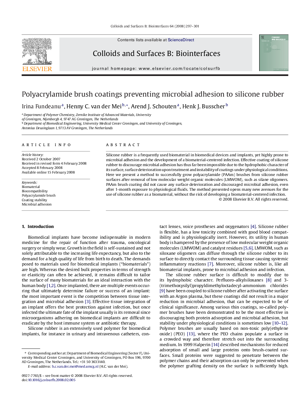 Polyacrylamide brush coatings preventing microbial adhesion to silicone rubber