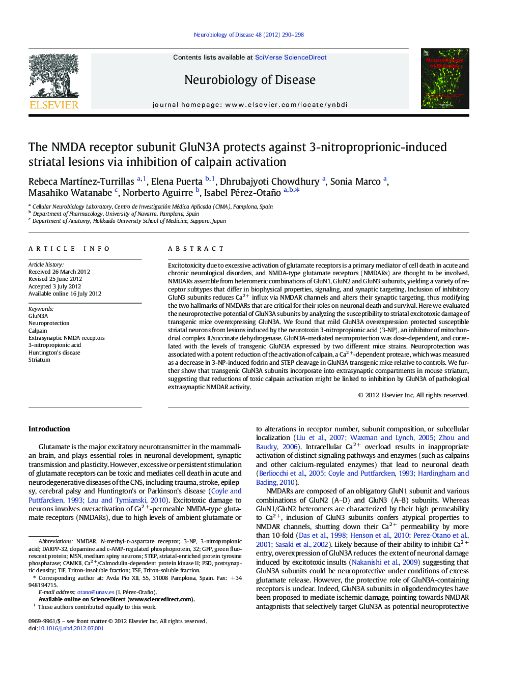 The NMDA receptor subunit GluN3A protects against 3-nitroproprionic-induced striatal lesions via inhibition of calpain activation