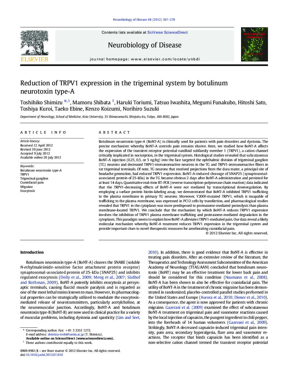 Reduction of TRPV1 expression in the trigeminal system by botulinum neurotoxin type-A