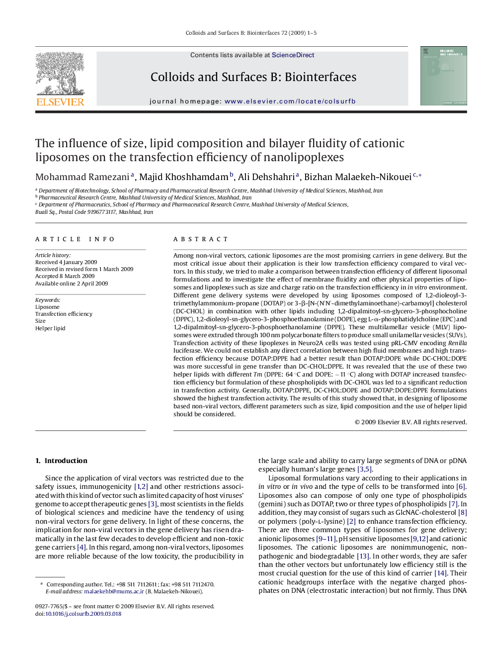 The influence of size, lipid composition and bilayer fluidity of cationic liposomes on the transfection efficiency of nanolipoplexes