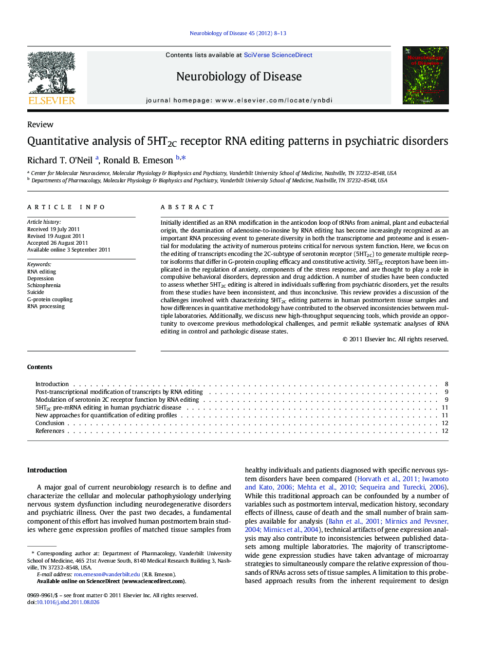 Quantitative analysis of 5HT2C receptor RNA editing patterns in psychiatric disorders